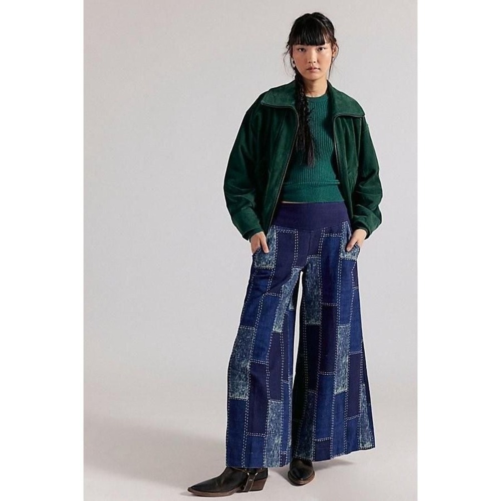 NWT sz XL Free People We The Free Sun Valley Patchwork Wide Leg Pants Blue XL